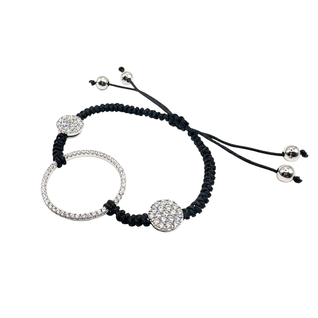 Wasserdichtes Schwarzes Makramee Zirkonia Kreis Armband Silber verstellbar ab 5cm