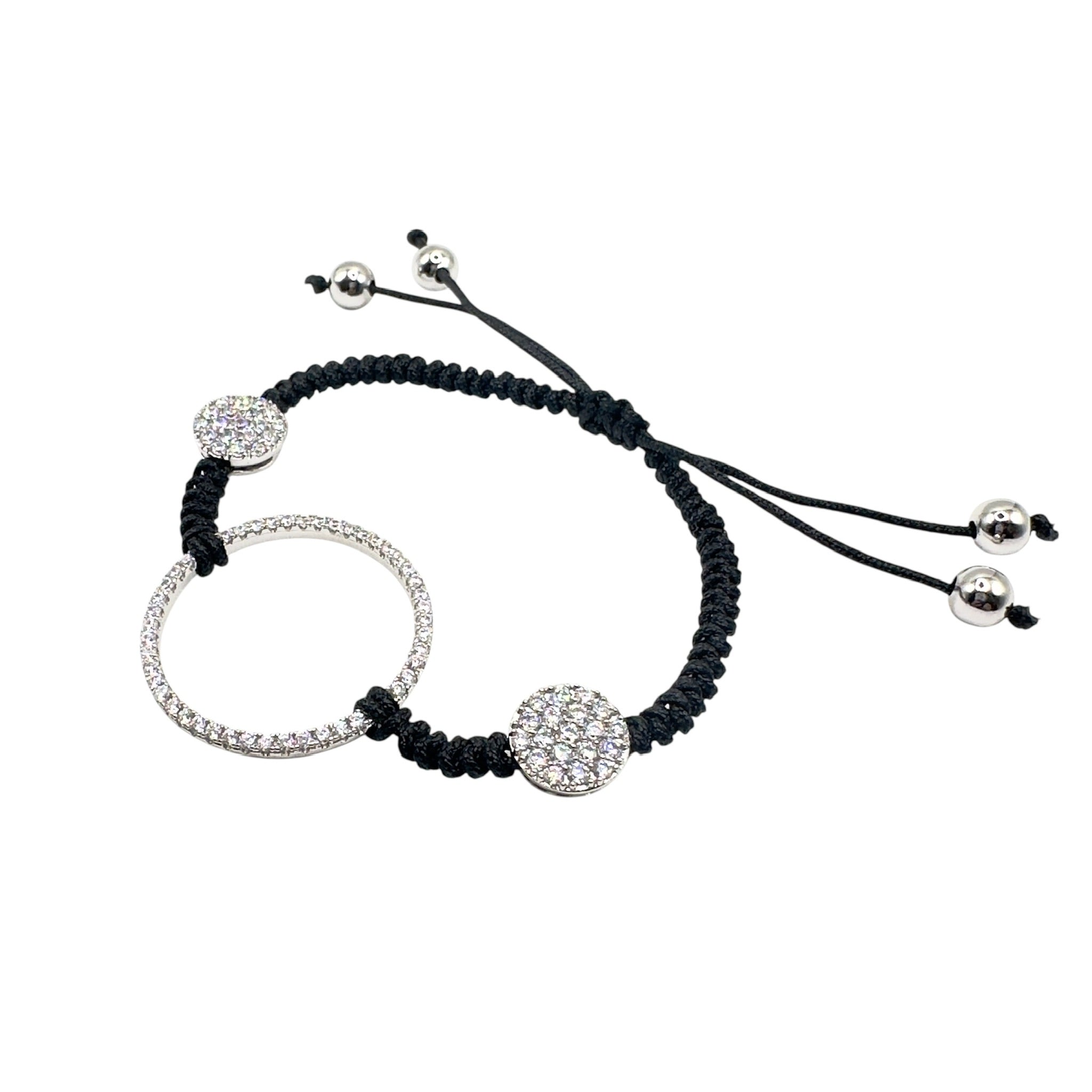 Wasserdichtes Schwarzes Makramee Zirkonia Kreis Armband Silber verstellbar ab 5cm