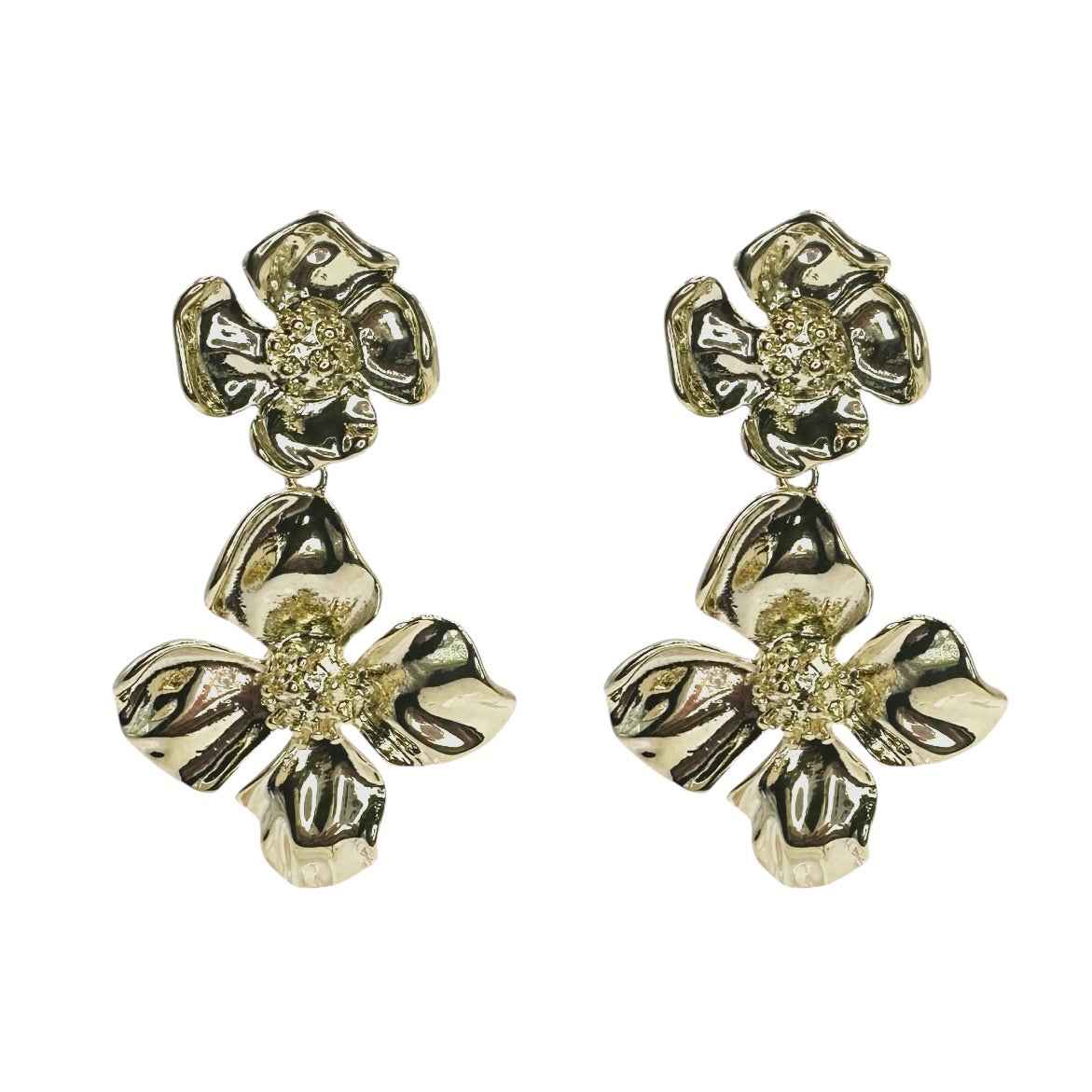 Wasserdichte Zirkonia Double Flower Drop Ohrringe Gold