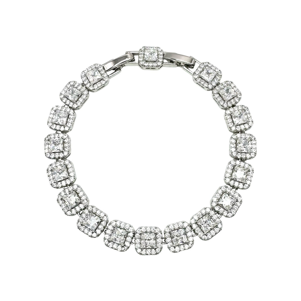 Wasserdichtes Princess-Cut Halo Zirkonia Tennisarmband Silber 16+2cm