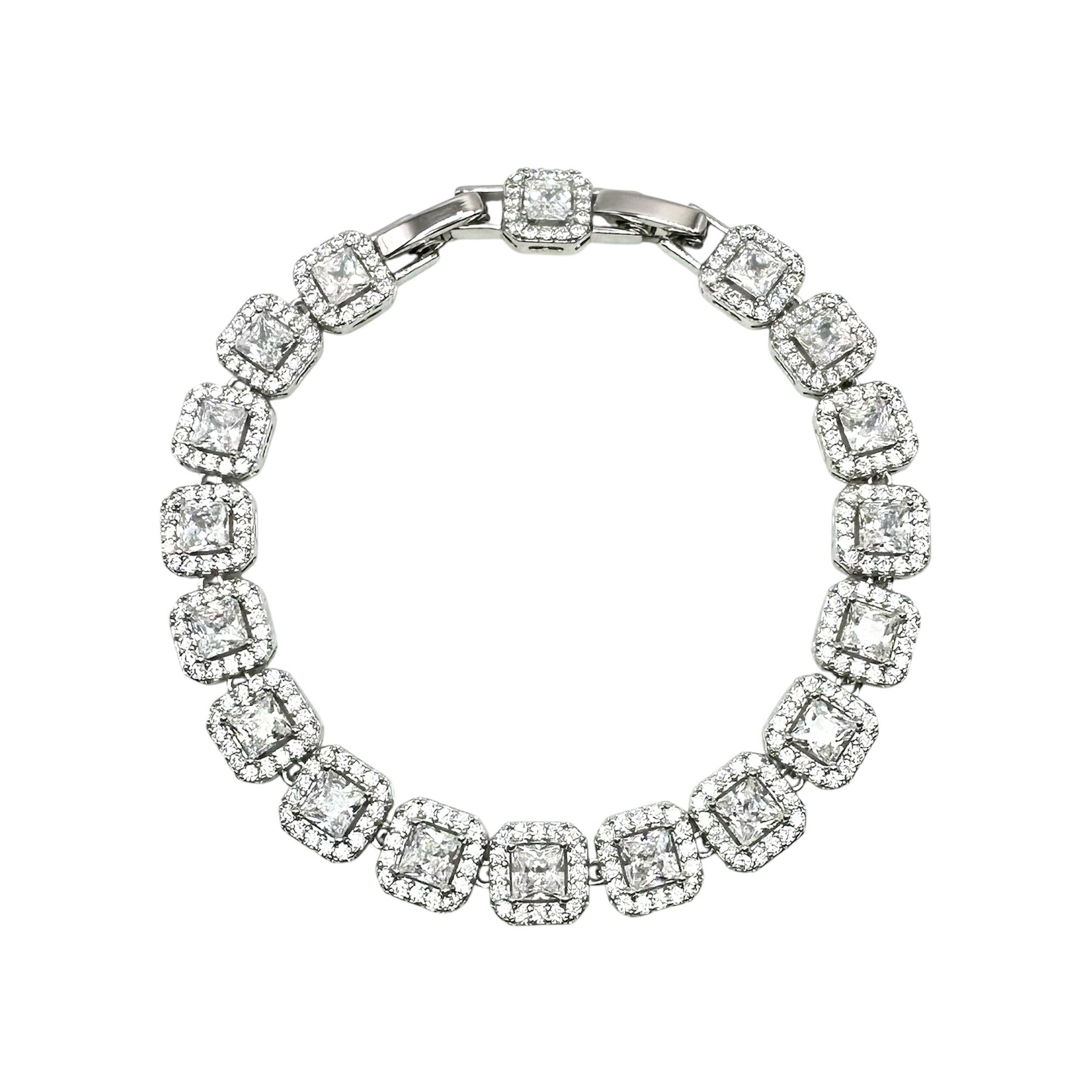 Wasserdichtes Princess-Cut Halo Zirkonia Tennisarmband Silber 16+2cm