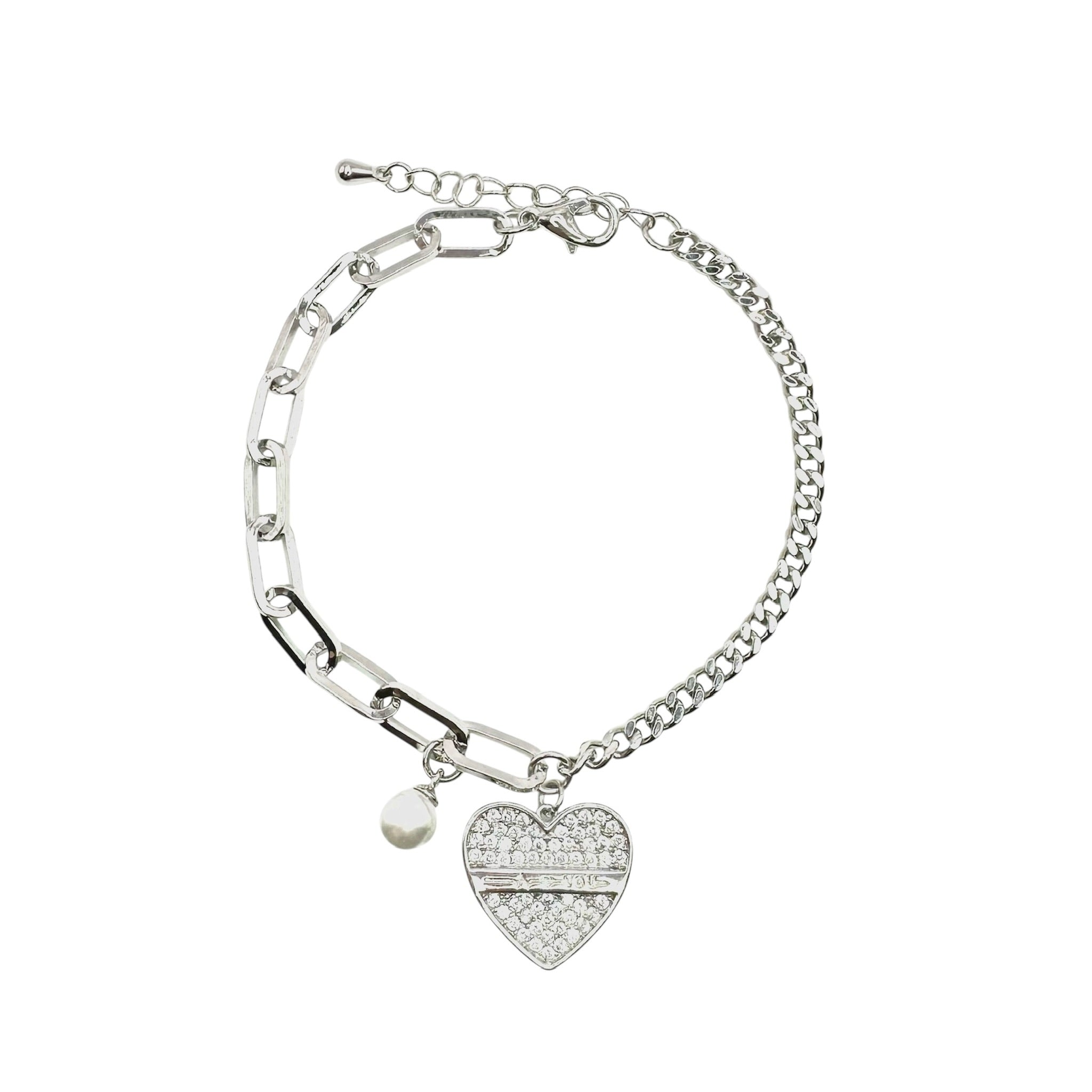 Wasserdichtes Half-Half Armband Zirkonia Herz Perle Silber 16,5+3cm