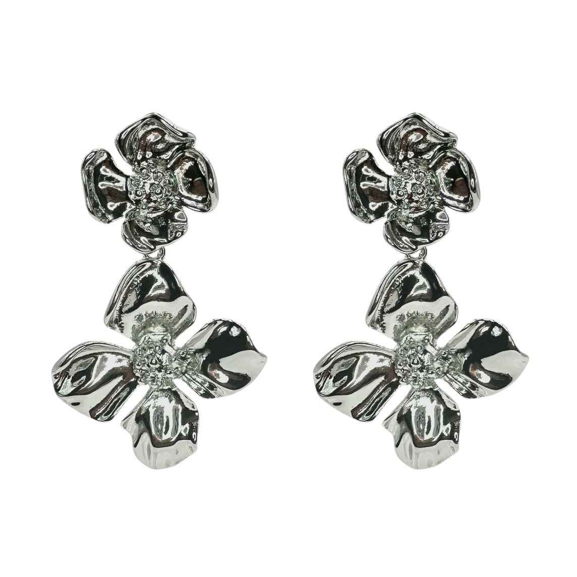Wasserdichte Zirkonia Double Flower Drop Ohrringe Silber 6,7cm 4cm+2,5cm