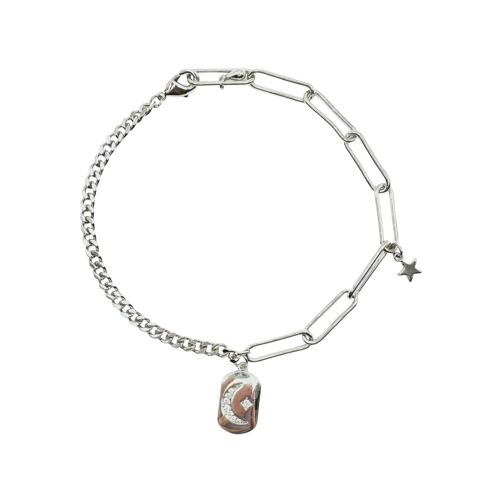 Wasserdichtes Half-Half Armband Mond Stern Medaillon Silber 18,5cm