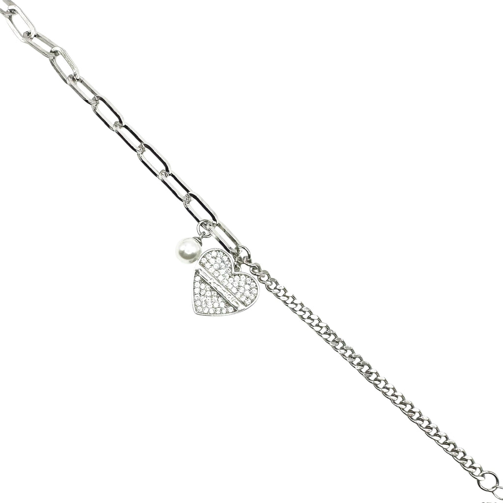 Wasserdichtes Half-Half Armband Zirkonia Herz Perle Silber 16,5+3cm