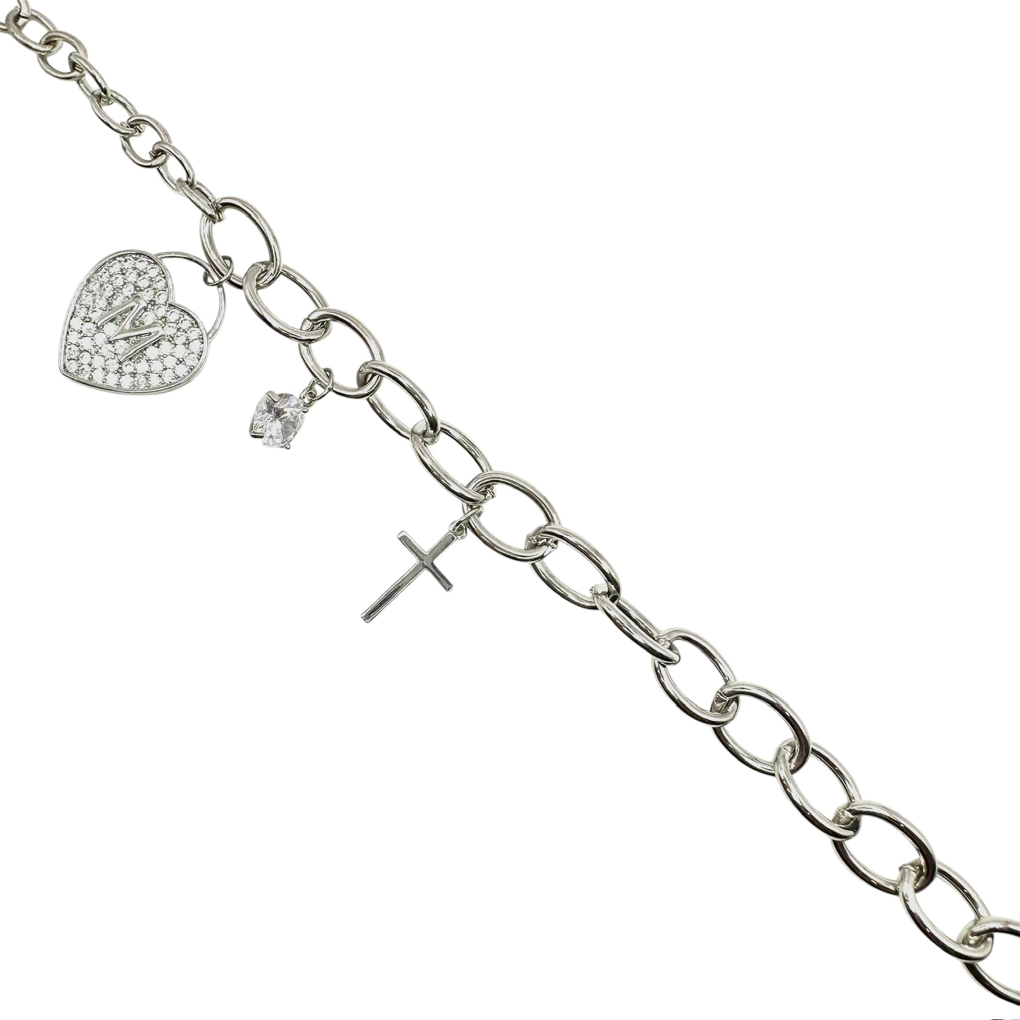 Wasserdichtes Oval-Glieder Charm Armband Herz Kreuz Zirkonia Silber 16+4cm